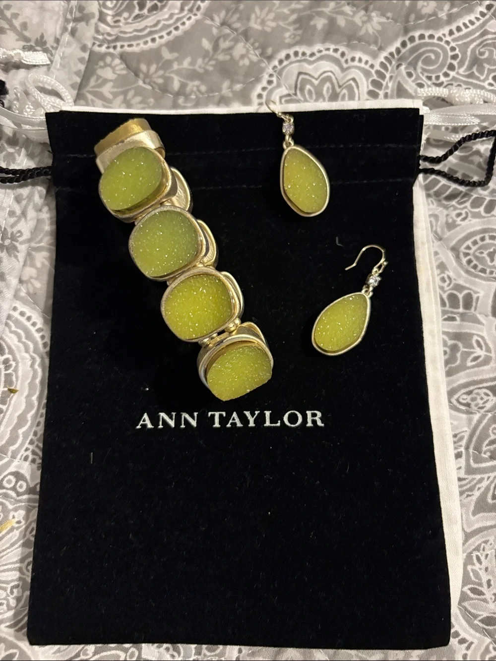 Ann Taylor Gold-Tone Bracelet & Earrings with Lime Druzy Stones.In original bag